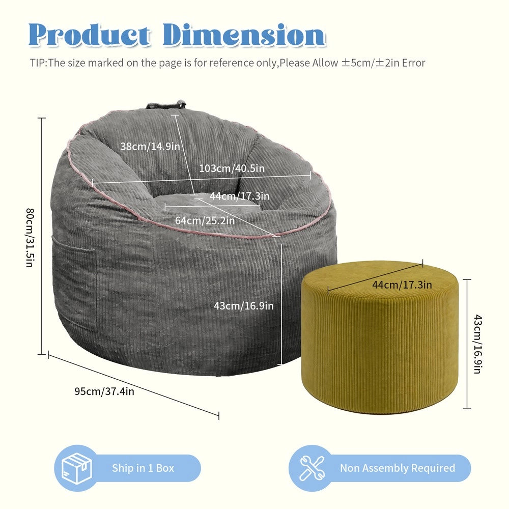 Poltrona Sacco Pouf Curva con Tasca Portaoggetti e Pouf Cilindrico Abbinato ¨C MINIMAL ¨C Design Moderno
