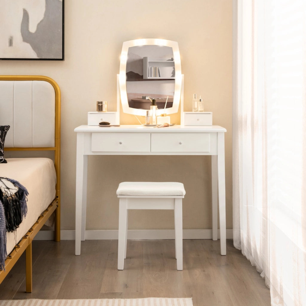 Scrivania per trucco con specchio illuminato girevole luci LED dimmerabili a 3 colori sgabello imbottito, Set di vanit¨¤ Bianco-Tavoli da trucco