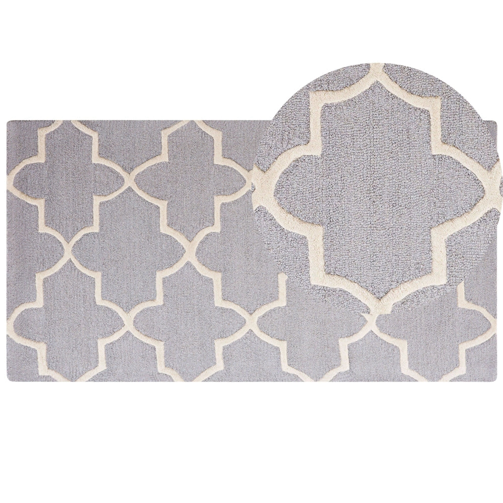 Tappeto Grigio Lana 80 x 150 cm Traliccio Motivo Quadrifoglio Trapuntato a Mano Orientale Trifoglio Marocchino