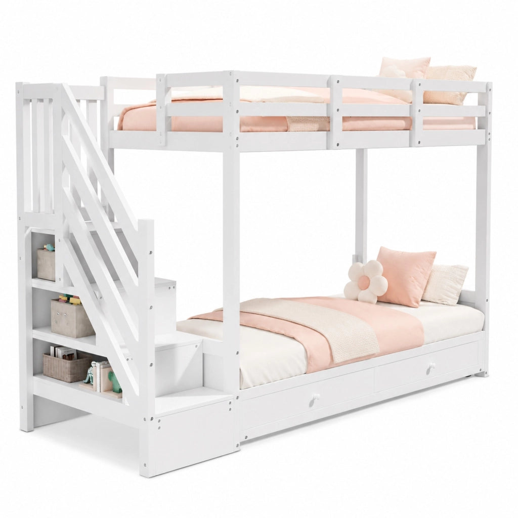 Letto a Castello 90x200 cm con Divano; Armadio Scala; 2 Cassetti in Legno Bianco