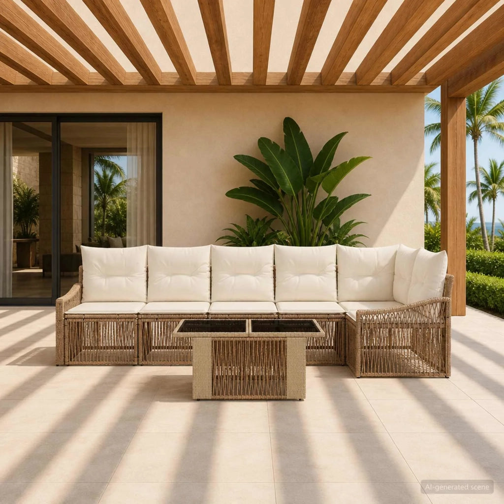 Set Divano da Giardino 7 pz Beige e Bianco Crema polyrattan 3437253