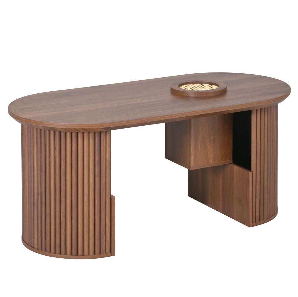 Tavolino da caffè ovale con vani contenitore; 105 x 50 x 46;5 cm; MDF color noce