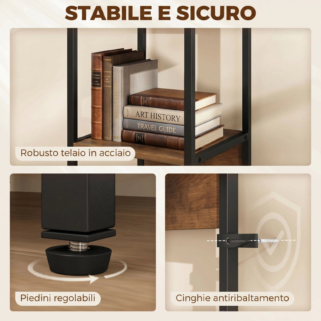 Libreria Verticale Salvaspazio 6 Ripiani 29,5x30x185 cm Marrone e Acciaio Nero