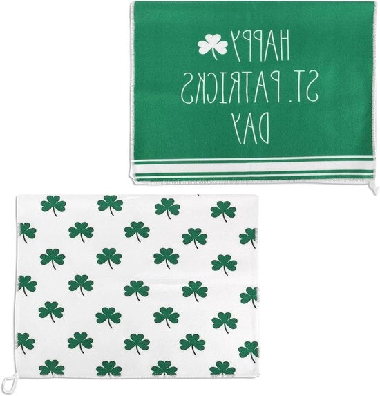 Set di asciugamani da cucina per la festa di San Patrizio da 2, verde 40x59cm, asciugamani a forma di quattro note, decorazioni per asciugamani per uso domestico.