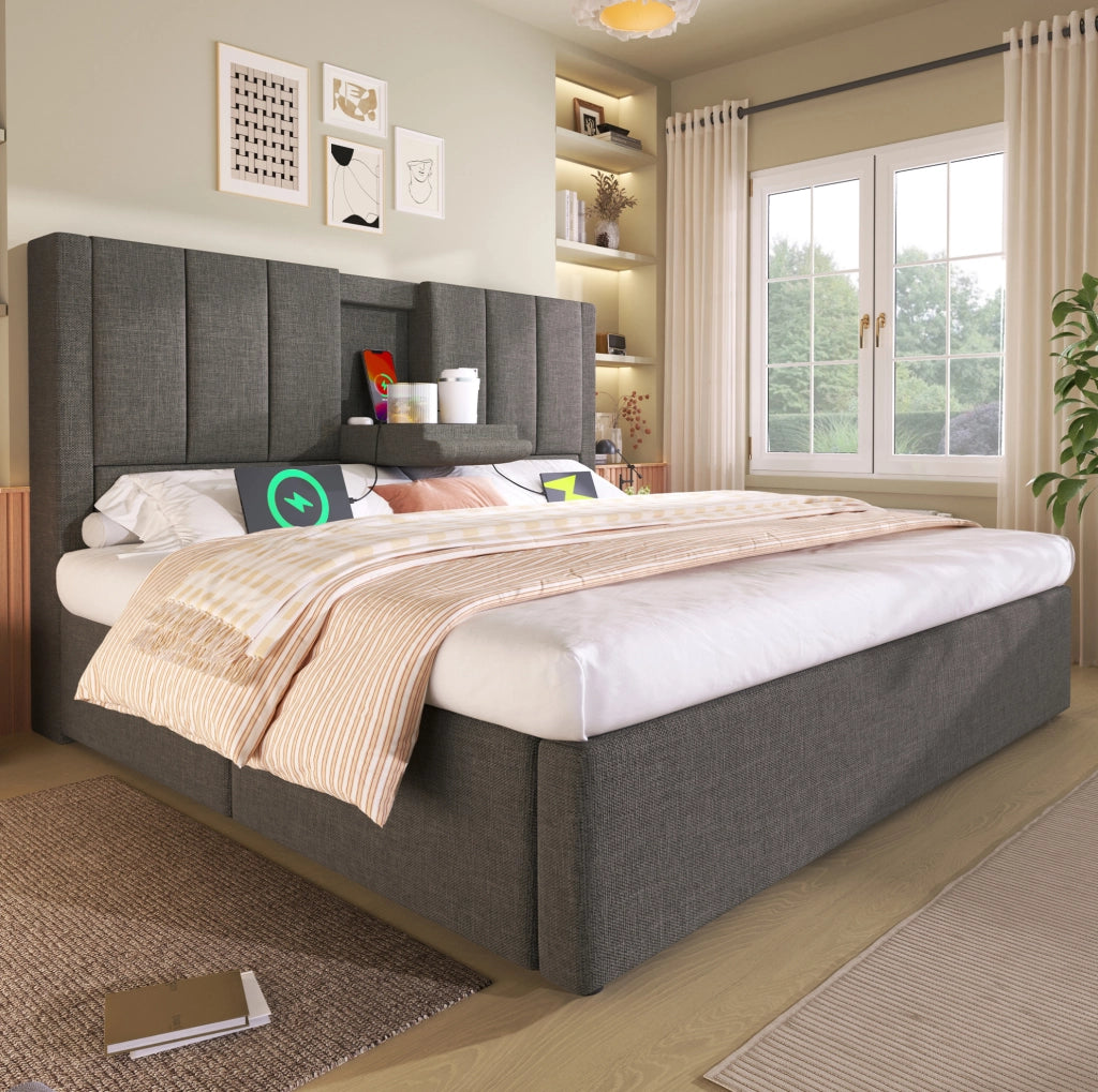 Letto imbottito 140x200 cm con contenitore, USB, portabicchieri e materasso