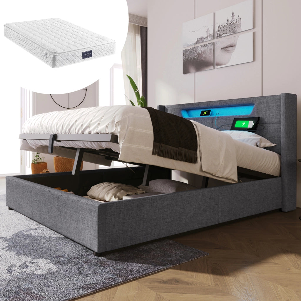 OKWISH Letto Contenitore Matrimoniale con USB, Porta Tipo C e LED 160 x 200 cm, con Materasso, Grigio