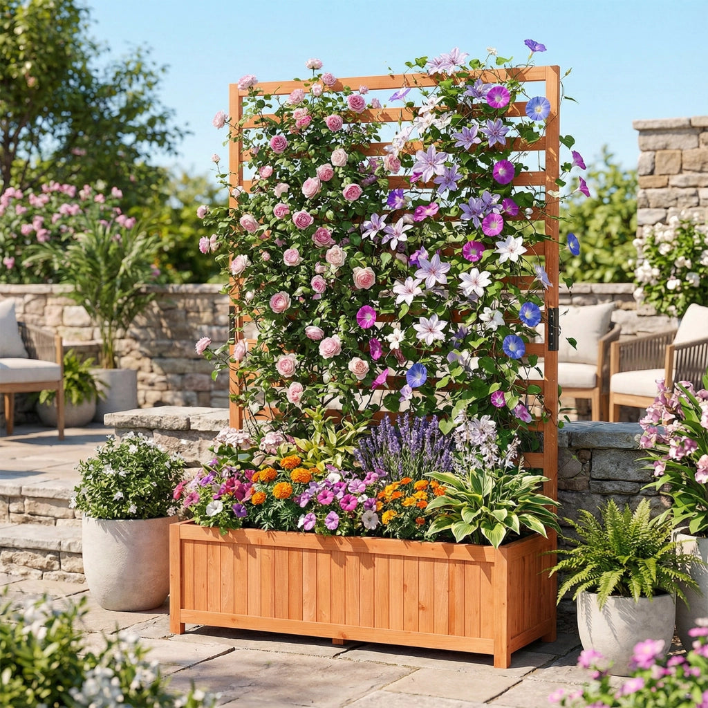 Letto da giardino rialzato in legno con traliccio verticale fodera e drenaggio-Fioriera elevata per interno esterno patio balcon Arancione