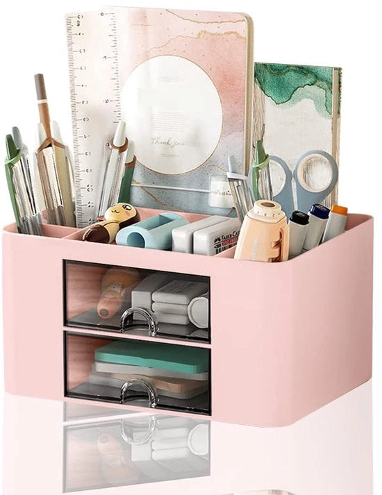 Organizzatore di scrivania con caricatore, penne multifunzione, organizzatore di scrivania con 7 contenitori, organizzatore di tavolo in plastica per materiali da ufficio, penne per ufficio, casa, scuola (rosa)