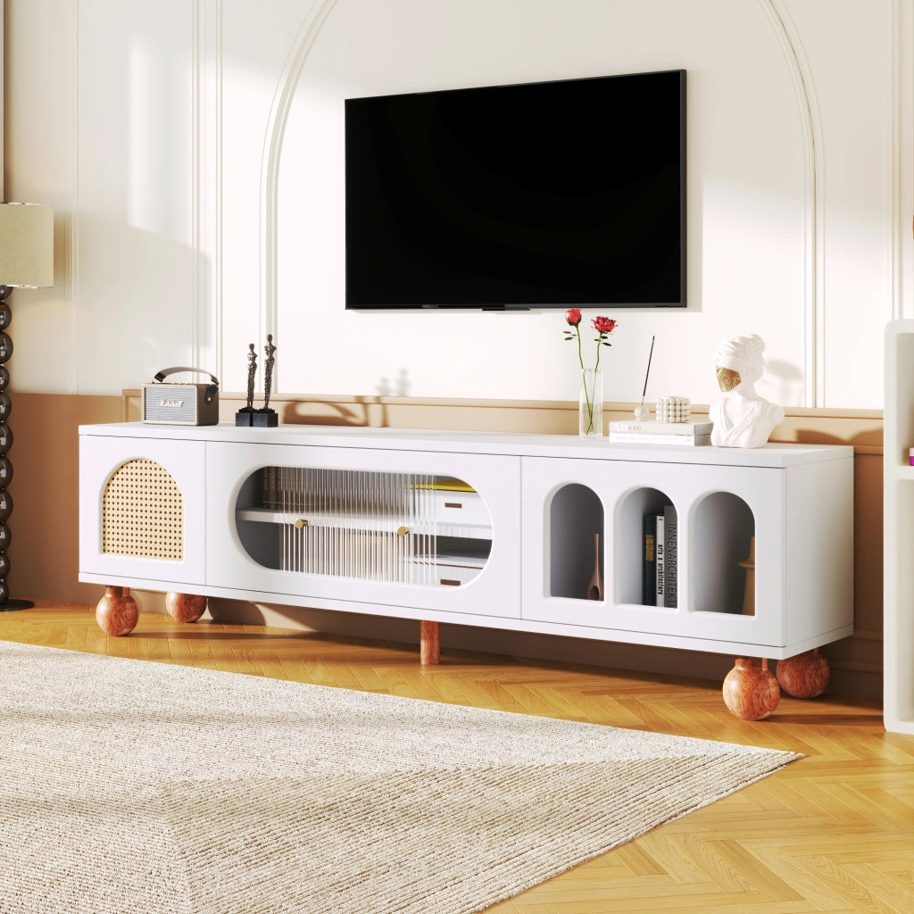 OKWISH Mobile TV con Ante Decorative e 3 Vani Aperti, Anta Scorrevole in Vetro, per Soggiorno, 170 x 47 x 37 cm