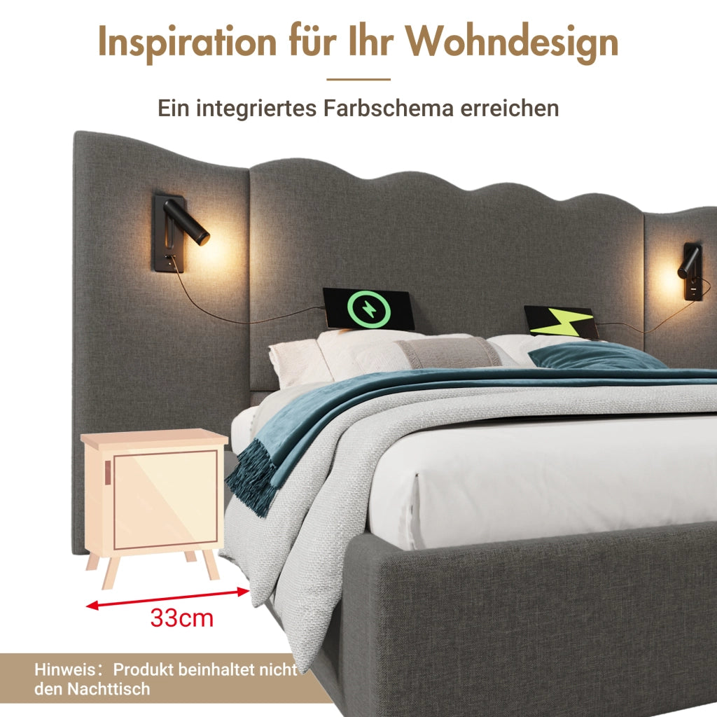 LETTO Contenitore 160x200 cm Grigio in lino con lampada da lettura e ricarica USB Type-C