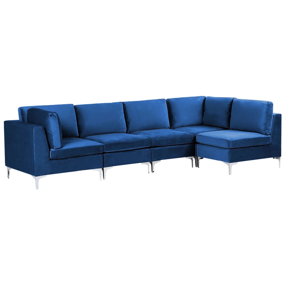 Divano ad angolo componibile versione sinistra a 5 posti in velluto blu marino con gambe in metallo argento stile glamour