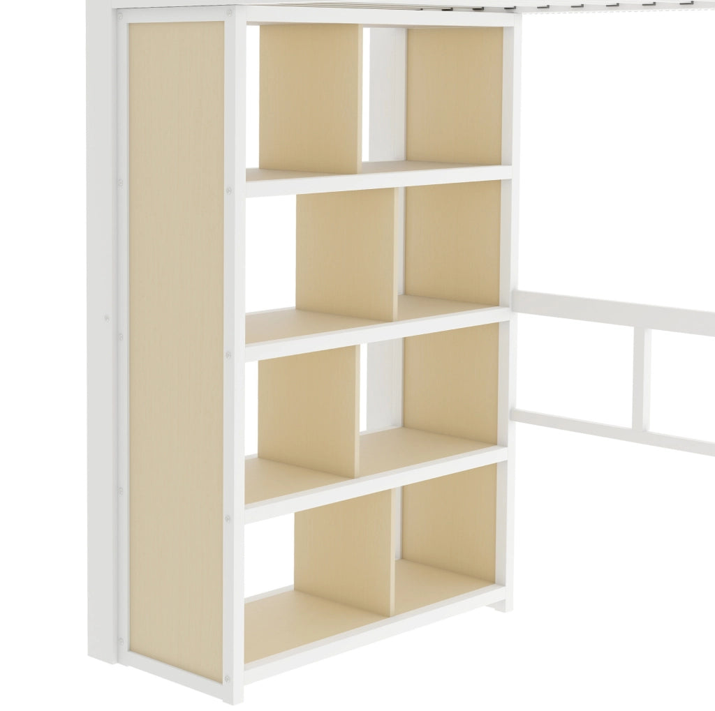 Letto a soppalco ULEVR 90x200 cm con scrivania, ripiani, gradini contenitore e barra LED regolabile, bianco