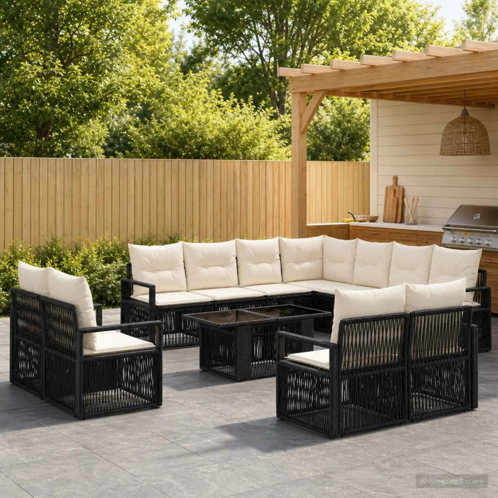 Set Divano da Giardino 12 pz Nero e Bianco Crema polyrattan 3437176