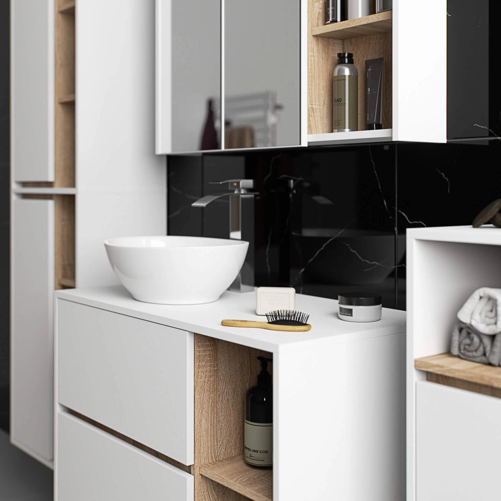 Pensile bagno con specchio VAMI Bianco, Sonoma Quercia 90 cm 2 ante 90x15x75 cm