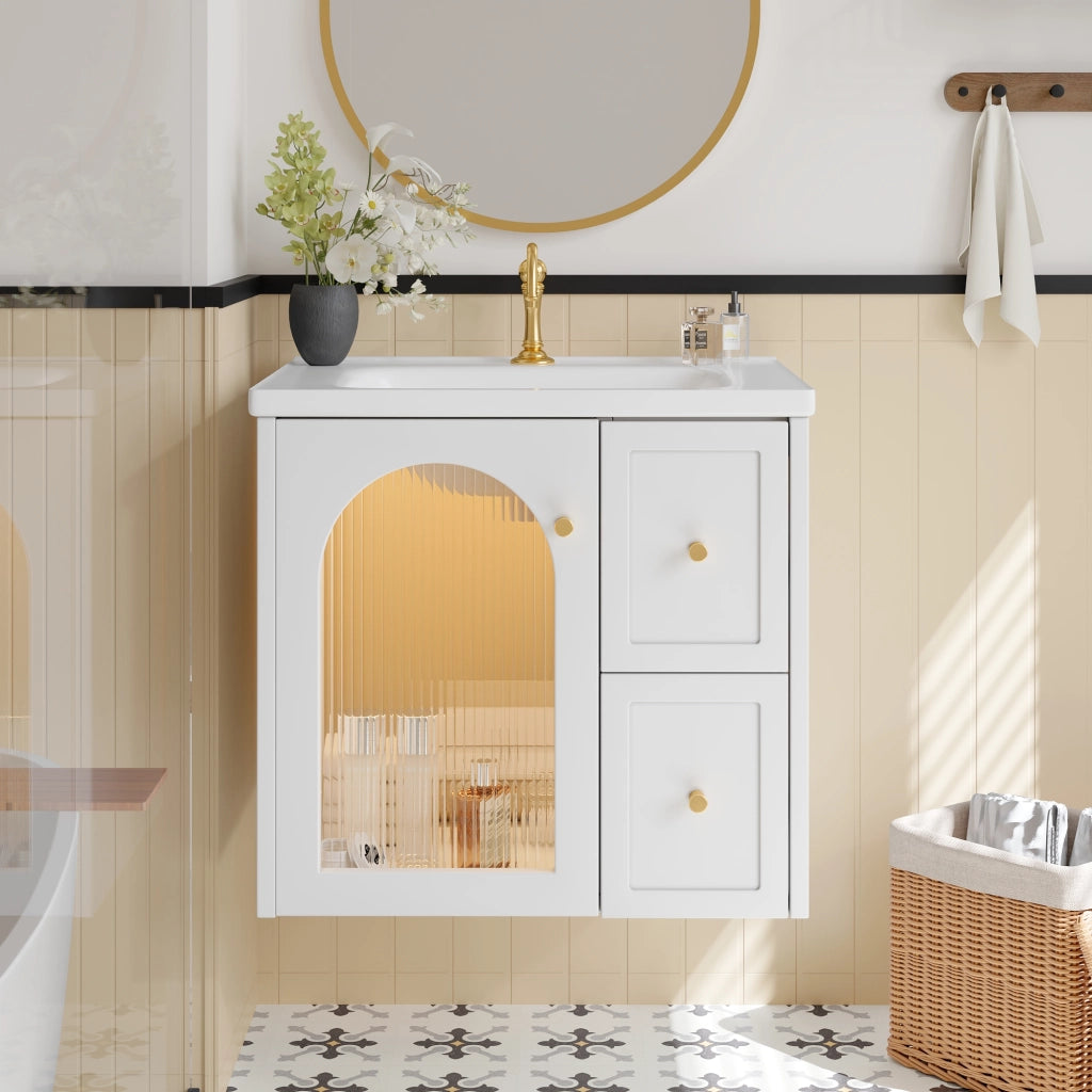 Mobile Bagno Sospeso con Lavabo in Ceramica, LED e Anta in Vetro ¨C MINIMAL ¨C Nero/Bianco