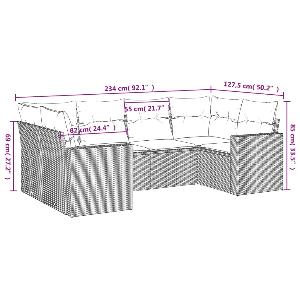 Set Divano da Giardino 6pz con Cuscini Grigio Chiaro Polyrattan