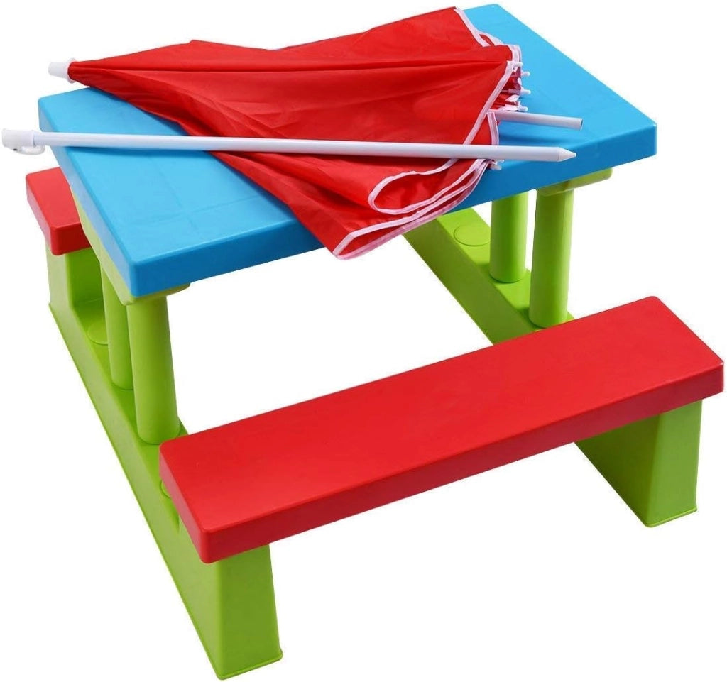 Tavolo da Picnic per Bambini con Parasole Pieghevole, Set di Tavolo e Panche per Festa e Picnic (Colore 2)