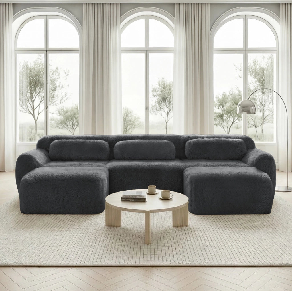 Divano modulare con pouf collegabile e base antiscivolo in peluche grigio