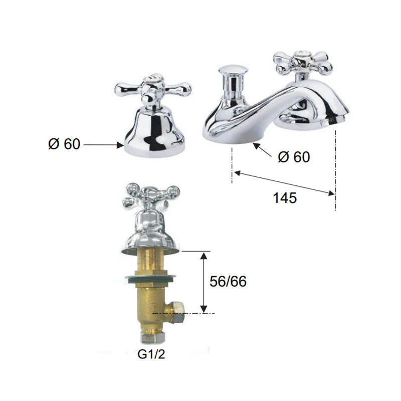 Batteria lavabo 3 fori remer stile retro serie liberty