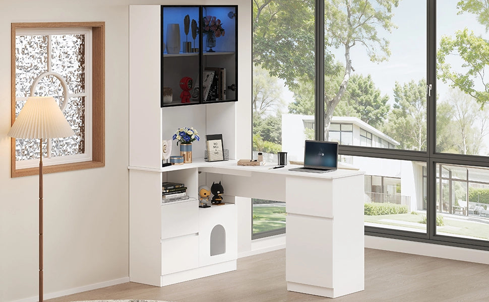 Scrivania angolare con libreria e vetrina LED, 3 cassetti, 2 porte e passacavi, per home office, 120 × 80 × 180 cm