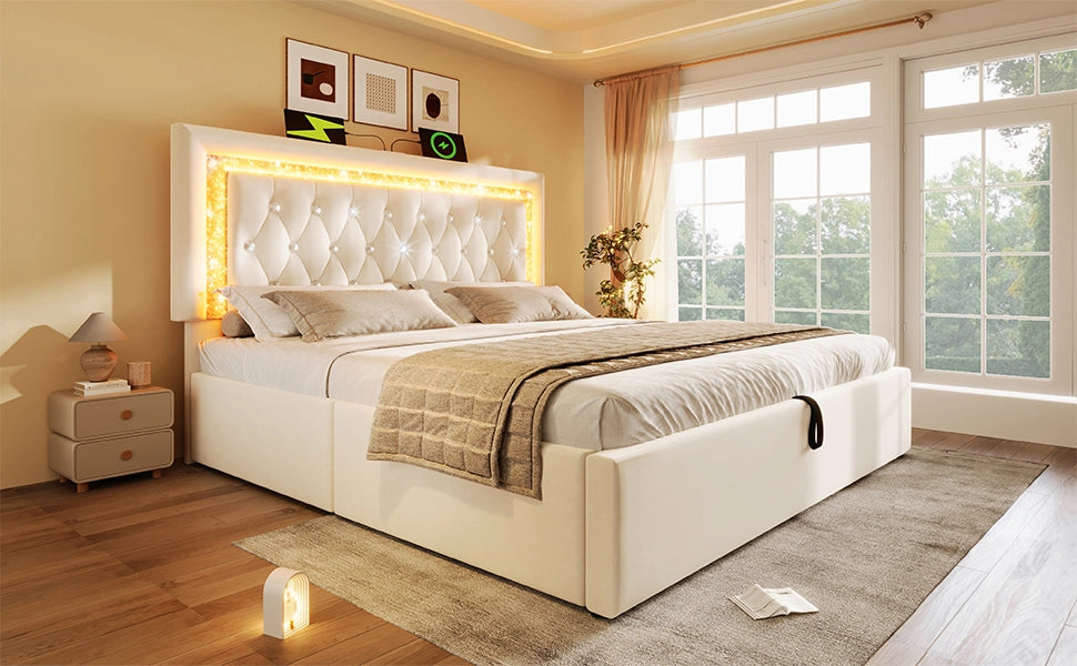 DESMIU Letto matrimoniale 160 × 200 cm 2 posti con LED, USB e Type-C, contenitore idraulico, senza materasso, velluto beige