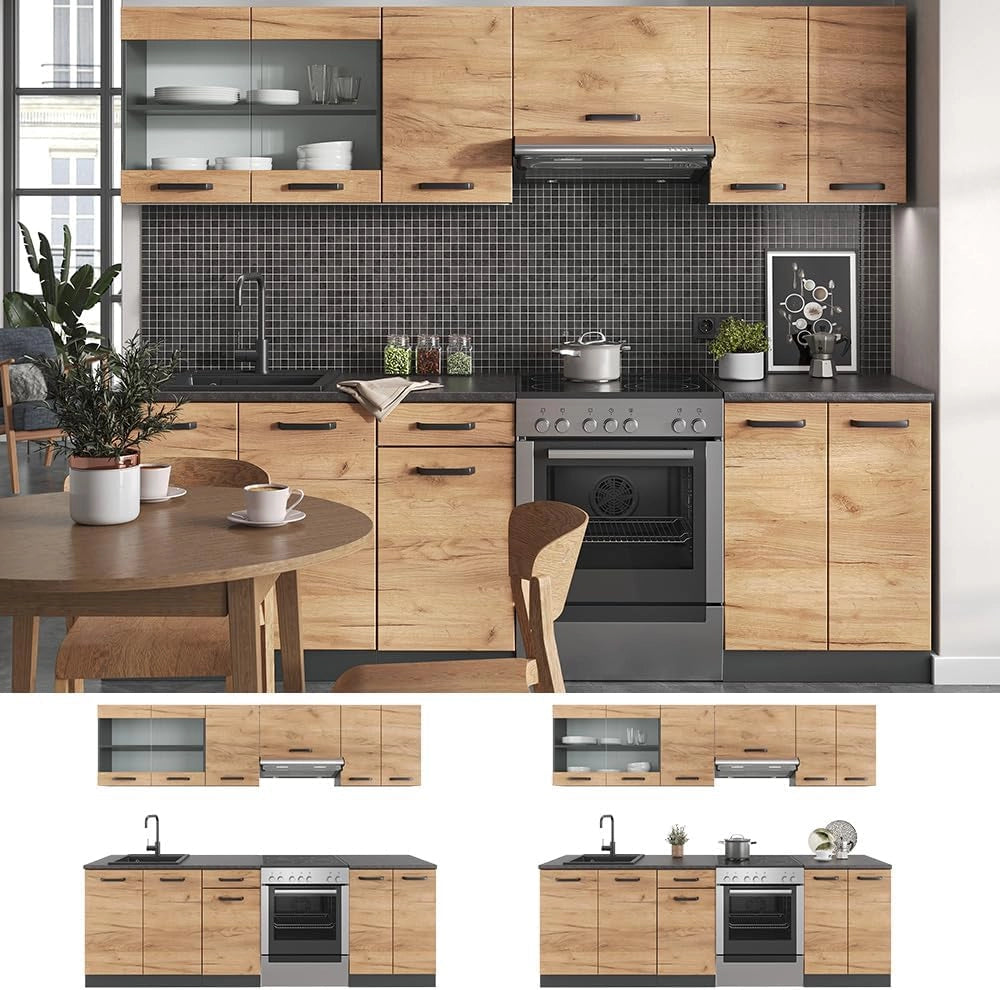 Mobile da cucina Raul, Quercia dorata/antracite, 240 cm, PL Fantasia nera con striscia LED, combinabile in modo flessibile con elementi modulari