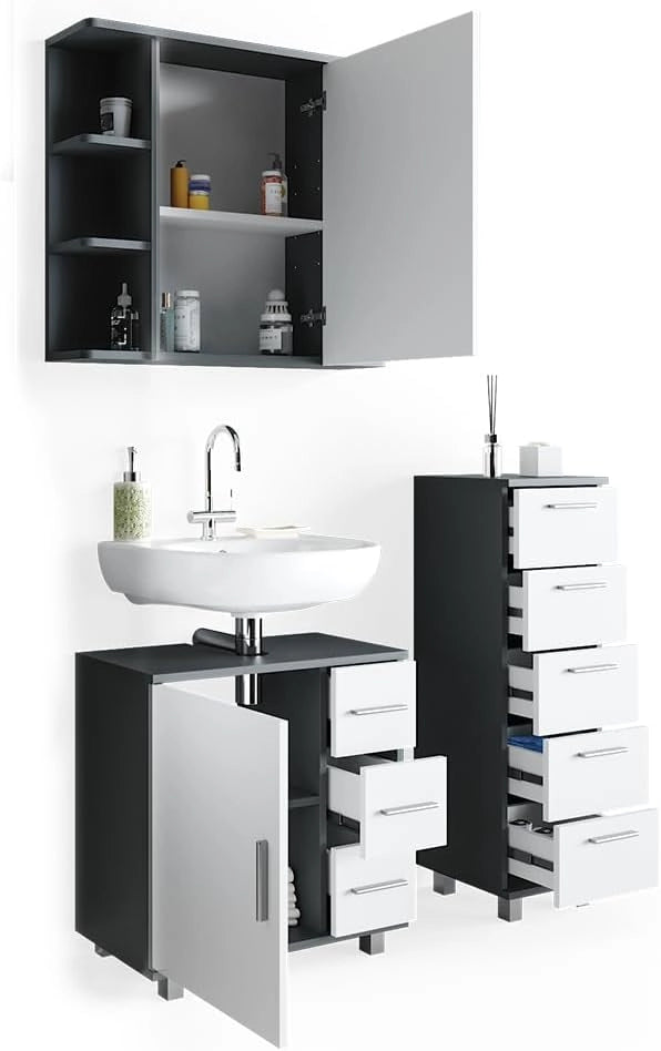 Set mobili bagno Ilias, Antracite, 60 cm, composto da mobile sottolavabo, specchiera e mobile medio