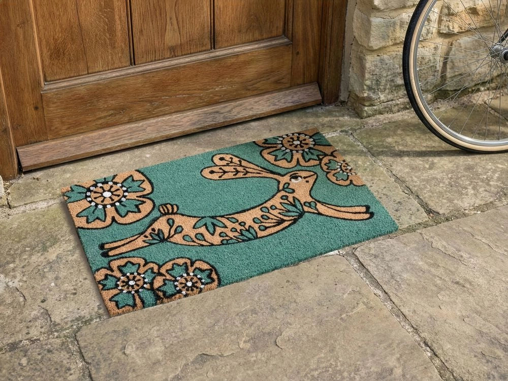 Zerbino Verde acqua Fibra di cocco naturale Retro in PVC Antiscivolo 45 x 75 cm Motivo coniglio Decorazione moderna per interni ed esterni