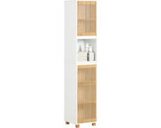 Cassa da bagno alta - Scomparto da bagno stretto - Mobile da bagno per la conservazione - Porte in bambù duraturo - Fissaggio alla parete sicuro - Spazio di conservazione sufficiente - 33cm x 165cm x 33cm