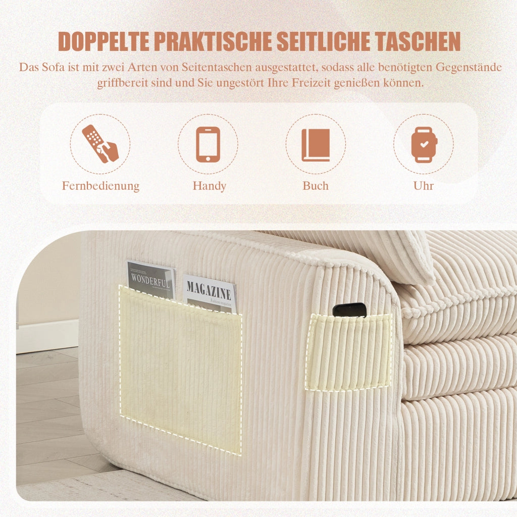Divano a 2 posti in velluto a coste con tasche laterali e cuscini, schiuma a 3 strati e molle per interni beige