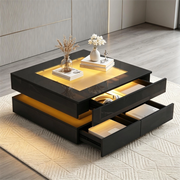 Tavolino da salotto quadrato 70 x 70 x 35 cm con piano in vetro, LED integrata e 3 cassetti, nero