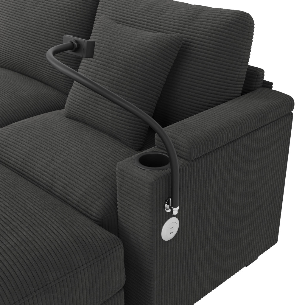 Divano letto modulare a U 5-6 posti in velluto a coste grigio con USB USB-C e portabevande 275.5 × 139 × 87 cm