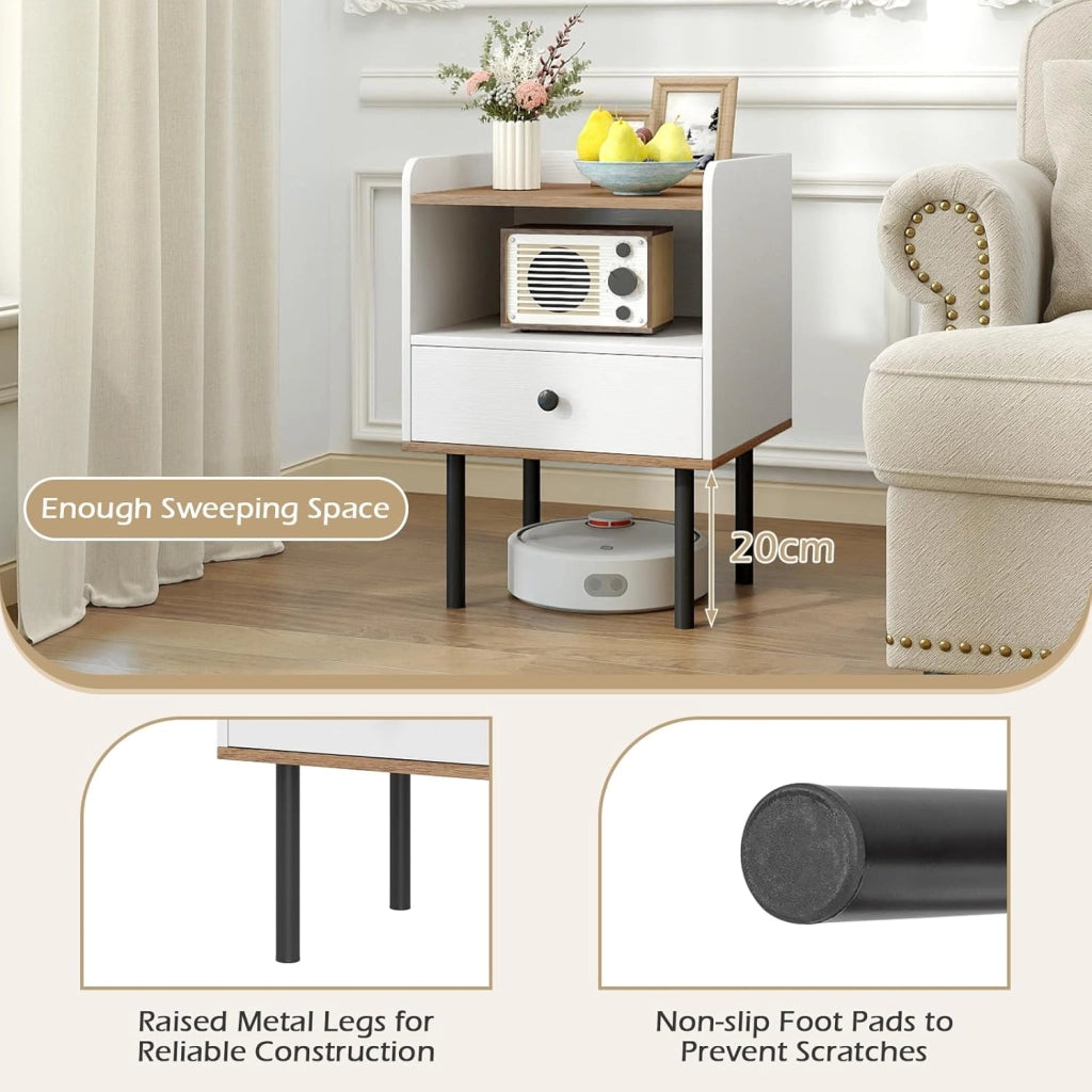 Set di 1/2 comodini, comodino con scomparto aperto e cassetto, stile moderno, gambe metalliche, 40,5 x 35 x 56 cm, tavolino ausiliario per camera da letto, soggiorno (bianco)
