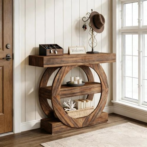 consolle rustica a tre ripiani aperti in legno marrone rustico per soggiorno e ingresso 105 × 30 × 85 cm