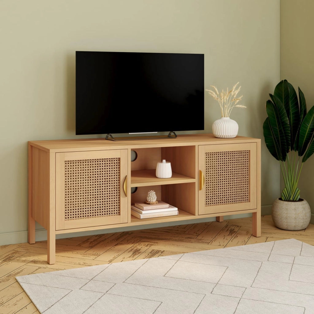 Mueble TV EDHEN 2 puertas con mimbre 110 cm