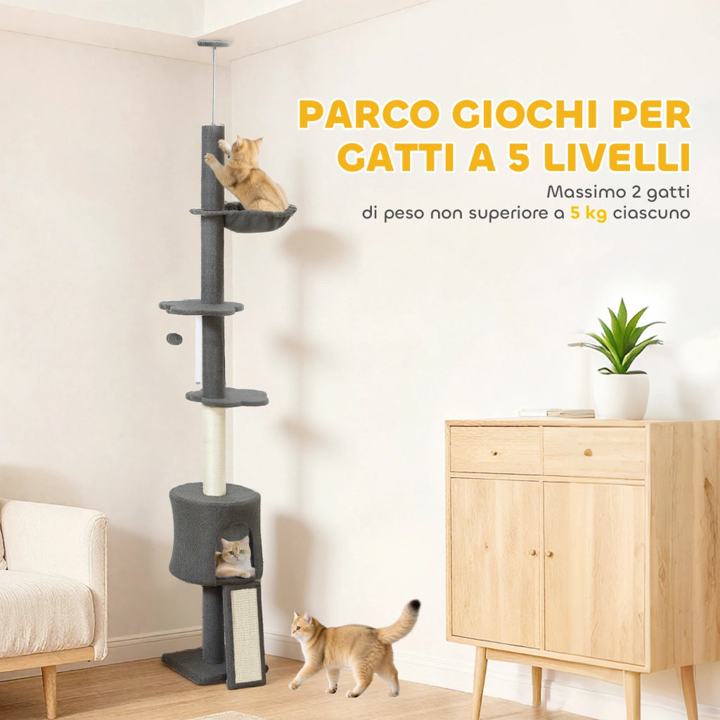 Tiragraffi per Gatti a Soffitto 220-240 cm ¨C Xylo ¨C con Amaca, Casetta, Piattaforme e Pali in Sisal, Grigio