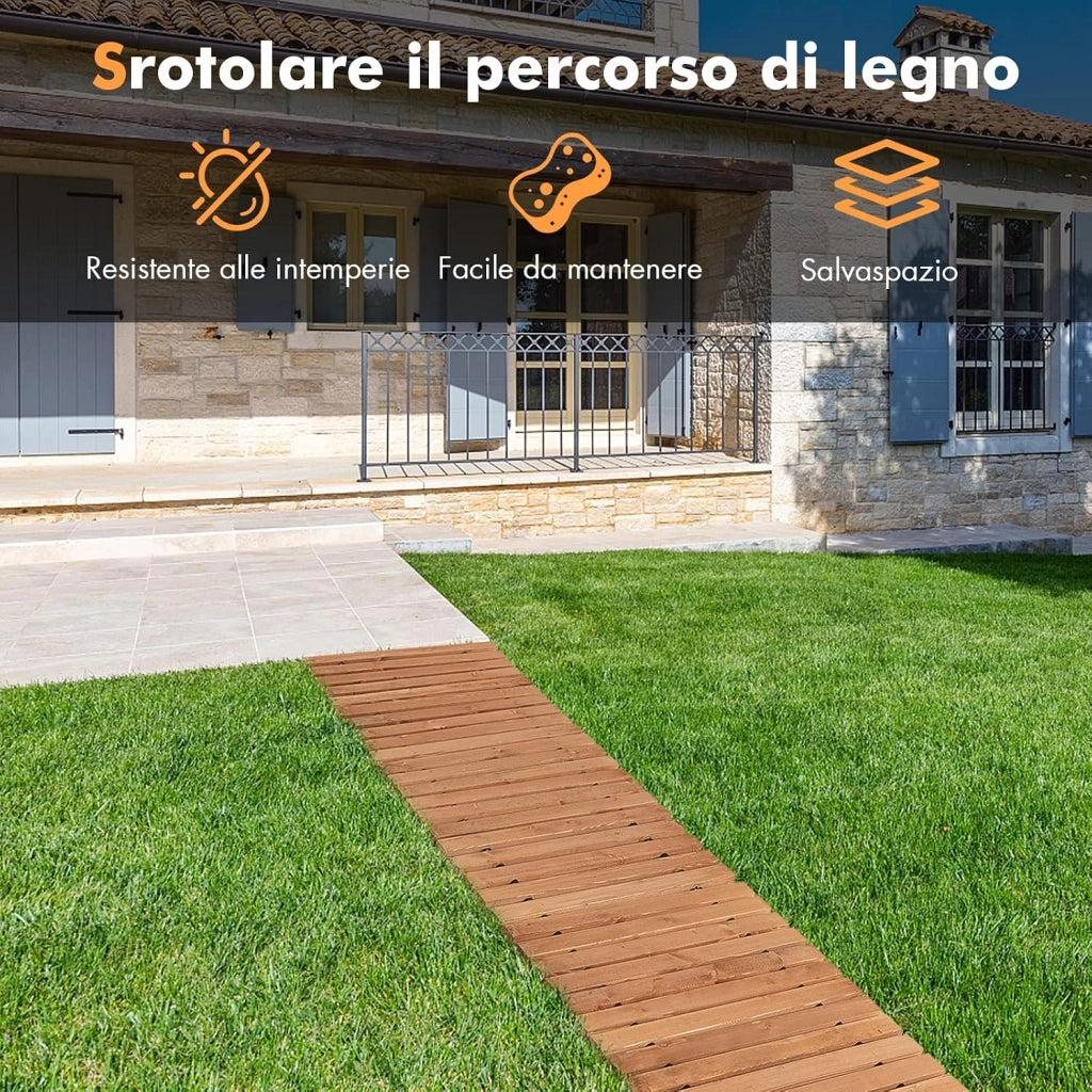 Passerella Arrotolabile per Giardino, Sentiero da Giardino con Filo di Ferro e Consistenza Antiscivolo Resistente alle Intemperie, Percorso in Legno per Cortile e Spiaggia (245 x 43 x 2 cm)