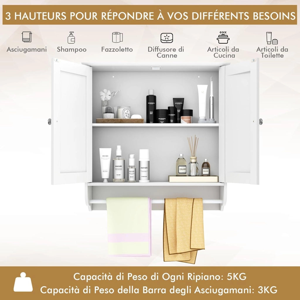 Mobile da Bagno Sospeso, Armadietto da Parete con 2 Ante Barra Porta Asciugamani e Ripiano Regolabile, Salvaspazio Stile Moderno, 60 x 21 x 61 cm (Bianco)