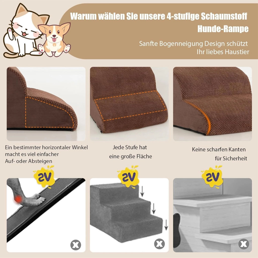 Scaletta per Cani a 4 Gradini in Spugna, Rampa per Animali Copertura Rimovibile e Lavabile Antiscivolo con Spazzola, Scala per Divano e Letto, per Cuccioli e Anziani, 72 x 41 x 51 cm (Marrone)