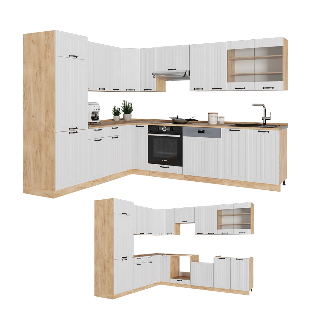 Cucina angolare completa Fame-Line Bianco rustico/Rovere dorato 227 x 60 cm, PL Marmo Vicco