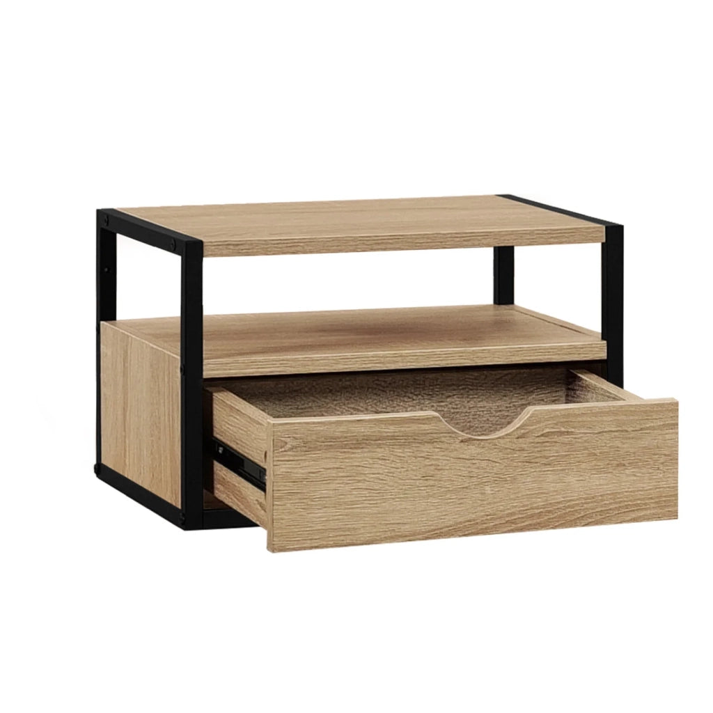 IDMarket - Set di 2 comodini da parete DETROIT con 1 cassetto + 1 ripiano sospeso in legno e metallo nero, in stile industriale