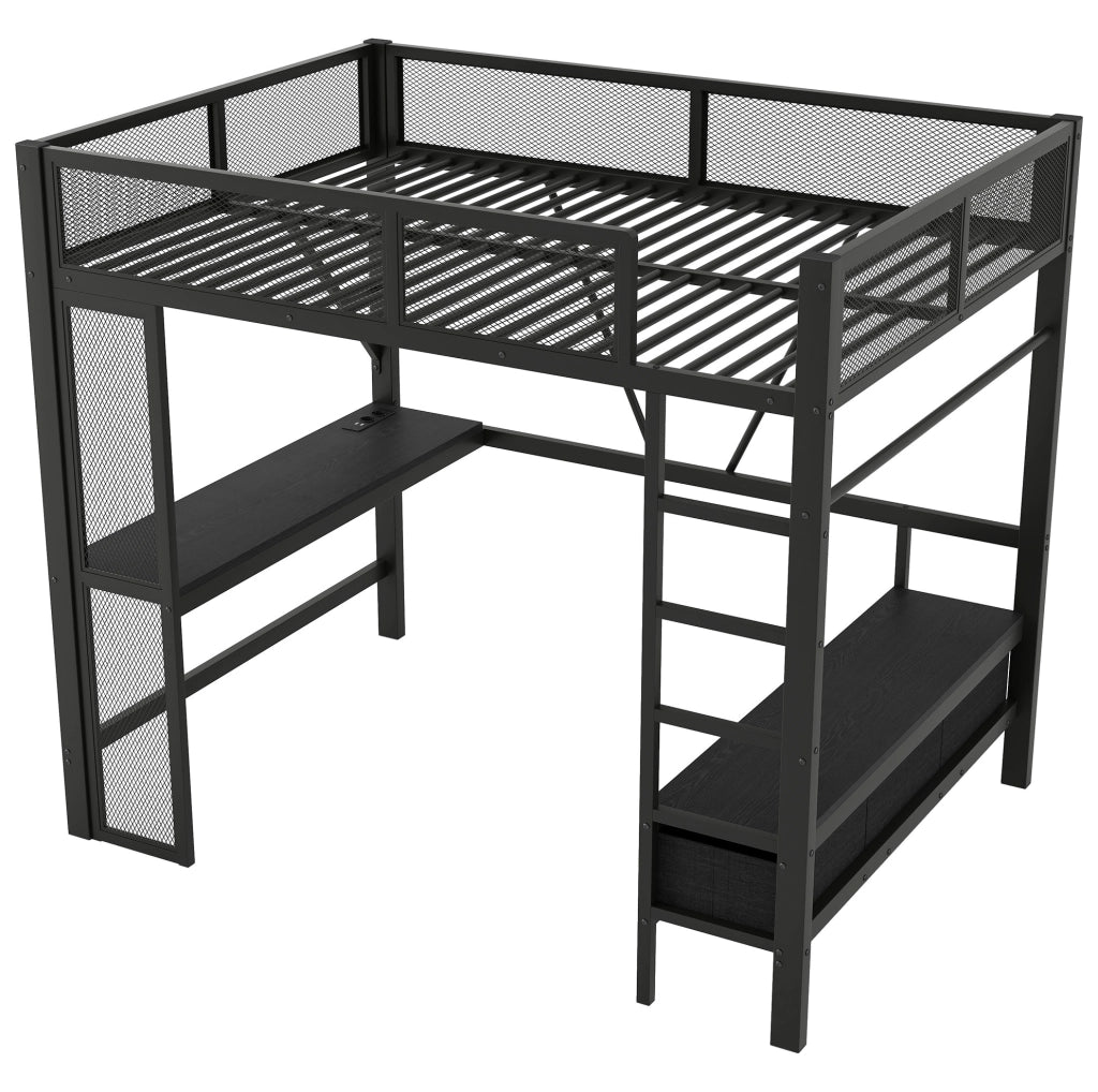 Letto a soppalco 140x200 cm con scrivania; LED e cassetti in metallo e MDF nero