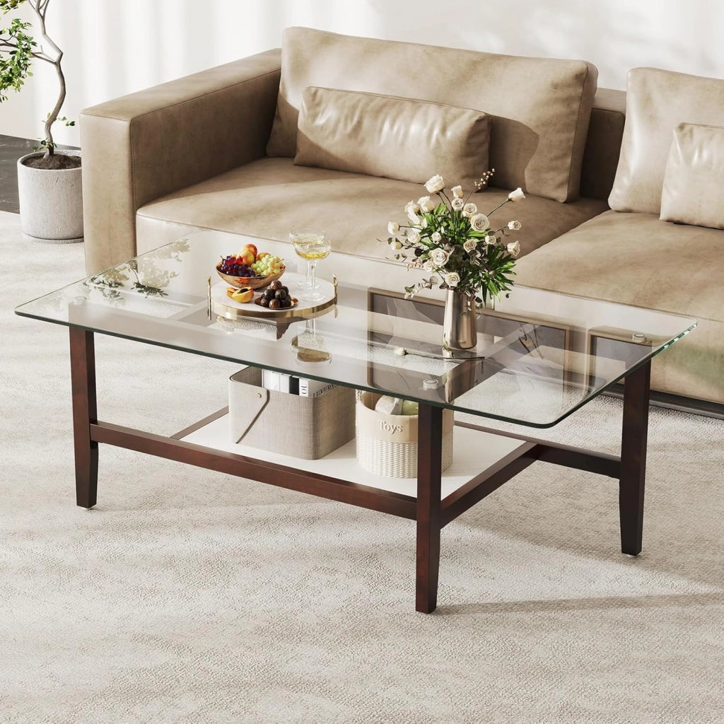 Tavolino da Caffè in Vetro, Tavolino Rettangolare a 2 Livelli con Ripiano e Gambe in Legno di Gomma, Tavolo Moderno per Soggiorno, Casa e Ufficio, 107 x 60 x 42 cm