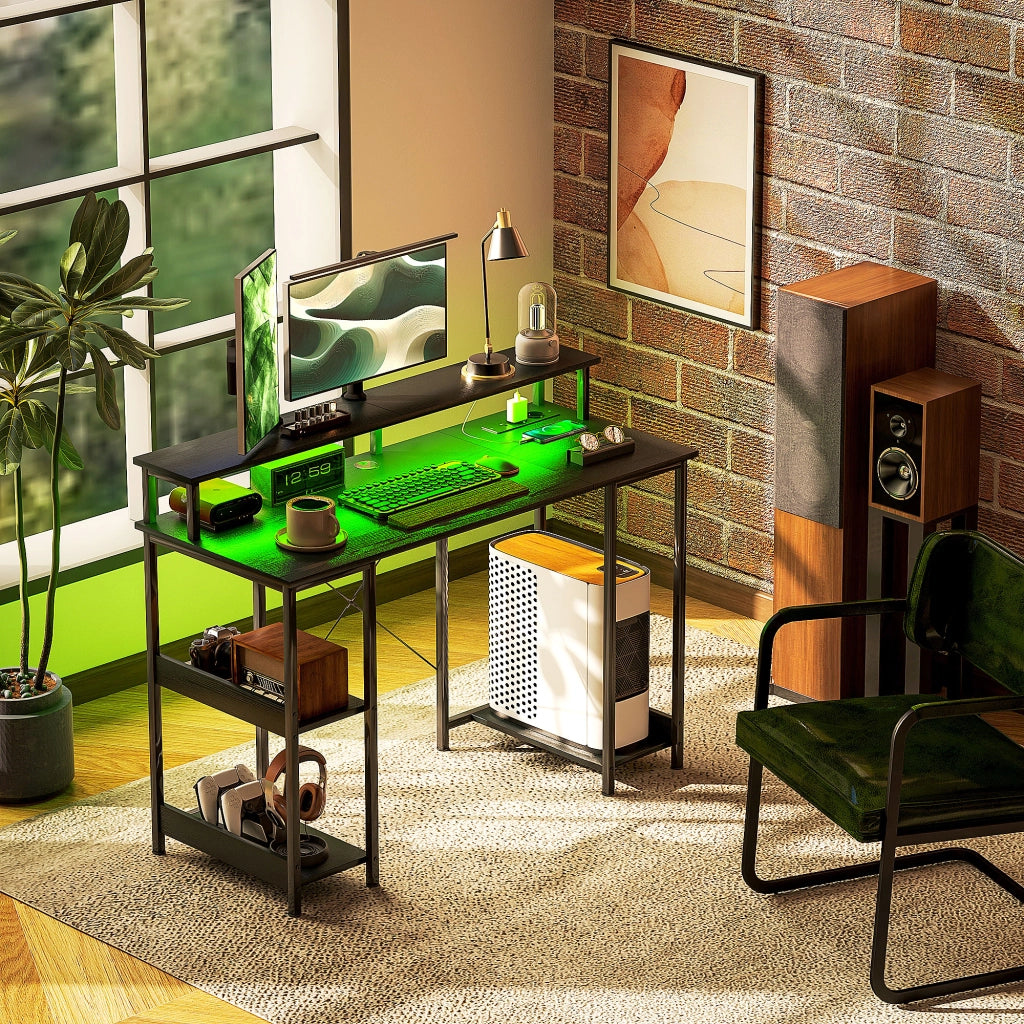 Scrivania Gaming con LED e Supporto Monitor ¨C Xylo ¨C Nero 120x50cm con Scaffale e Prese Elettriche