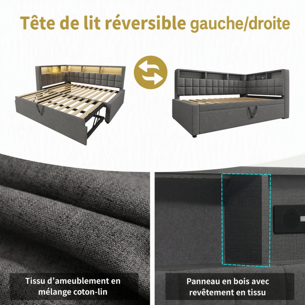 DESMIU Divano letto 90 × 200 cm 1 posto con letto estraibile, LED, USB e Type-C, senza materasso, grigio