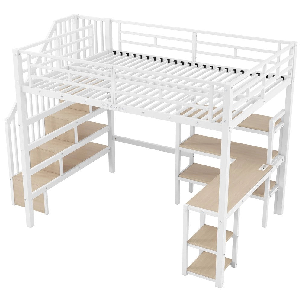 Letto a Soppalco con Scrivania, Cassetti, LED e USB ¨C Xylo ¨C Metallo Bianco 140x200