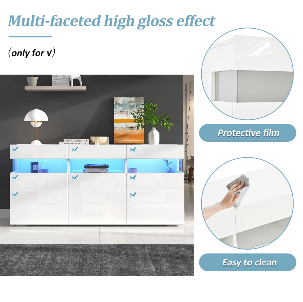 Credenza bianca lucida con LED e 3 ante, 140 cm