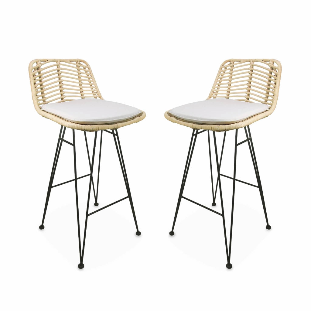 Set di 2 sgabelli da bar in metallo e rattan, 67cm, beige