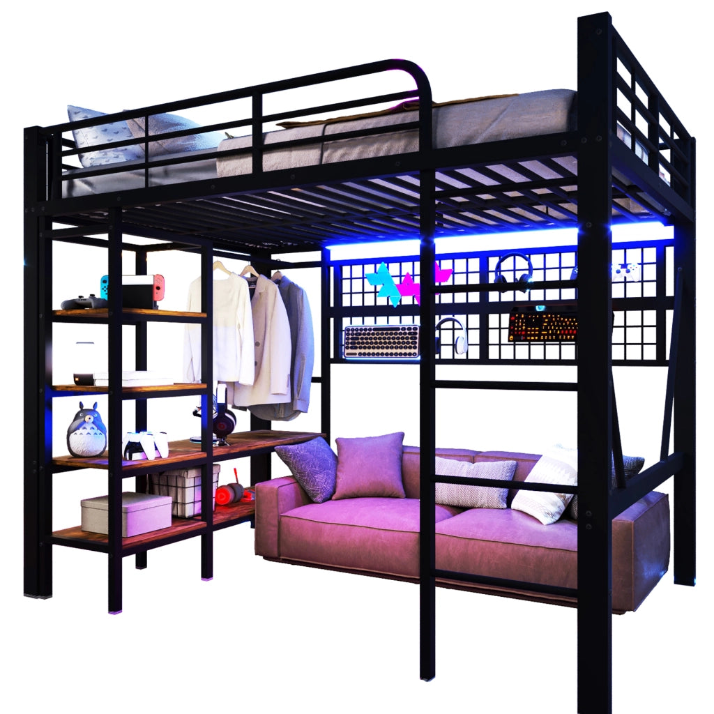 LETTO a soppalco 140x200 cm in Metallo e MDF Nero con LED e vano a giorno