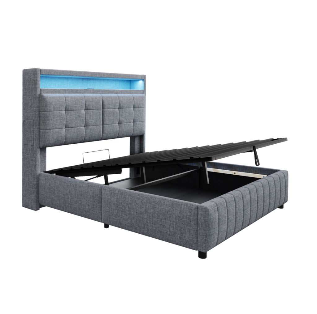Letto imbottito 160x200 cm grigio con LED, USB, contenitore idraulico e rete a doghe